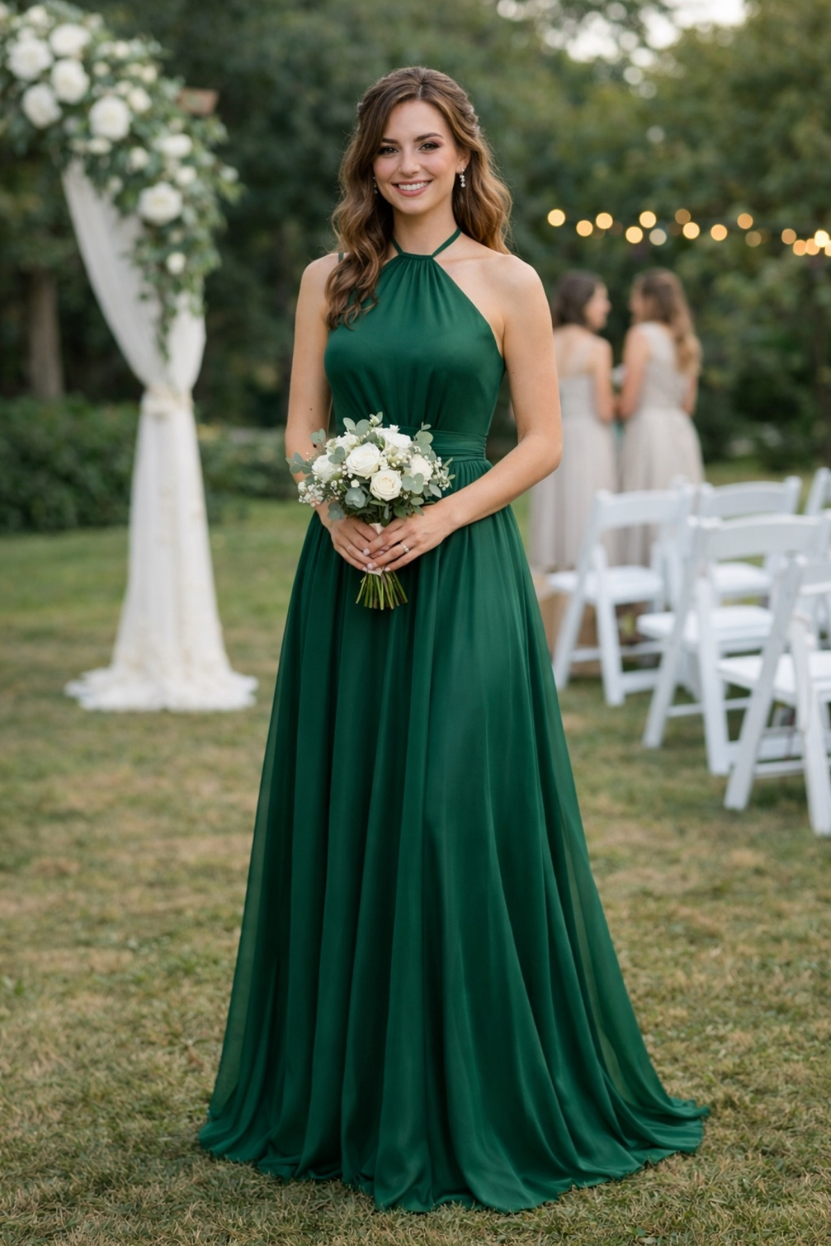 Bridesmaid wearing an emerald green halter neck dress with a flowing chiffon skirt at an outdoor garden wedding ceremony