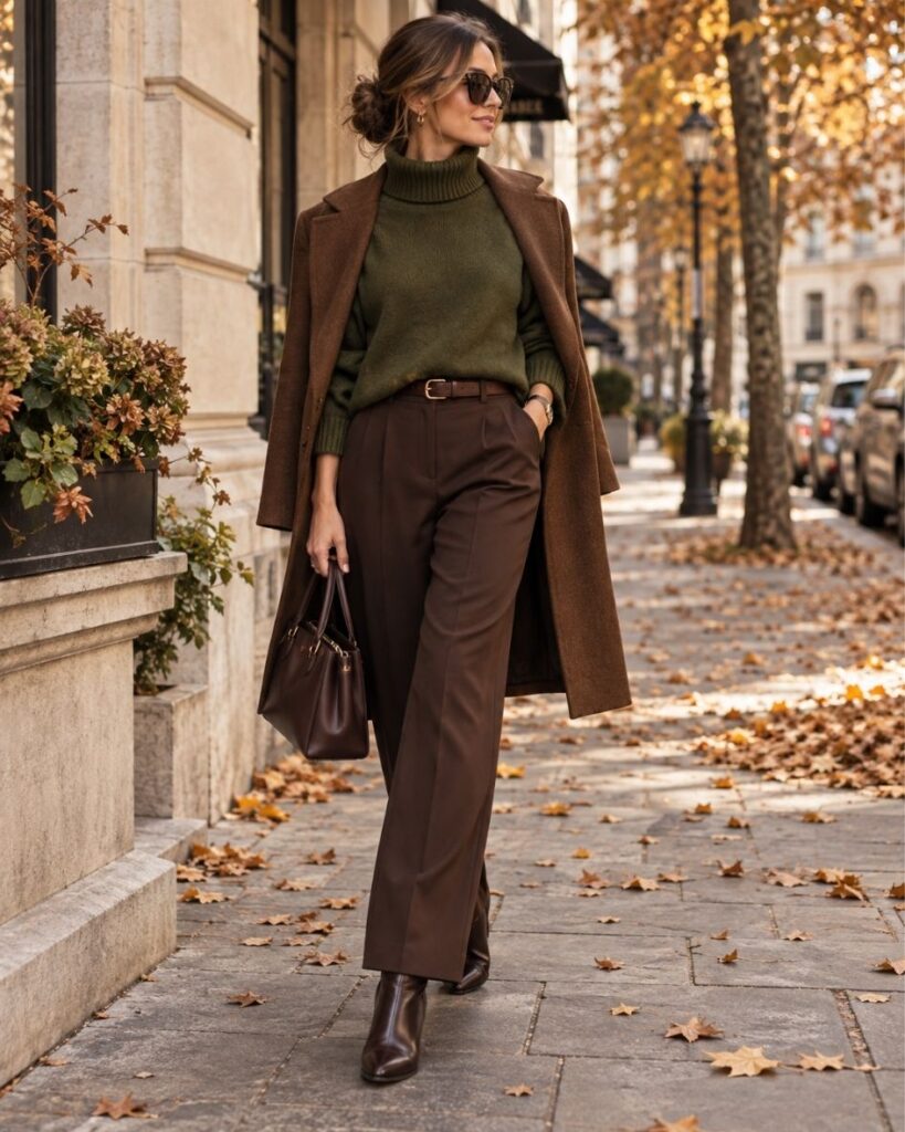 Olive green turtleneck with chocolate brown trousers and long brown coat for an elegant fall outfit for women over 30.