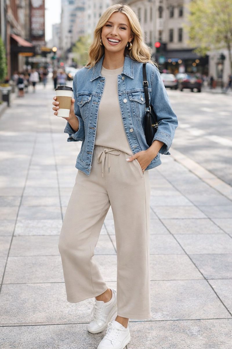 Casual beige outfit for women with wide-leg pants, denim jacket, white sneakers and crossbody bag