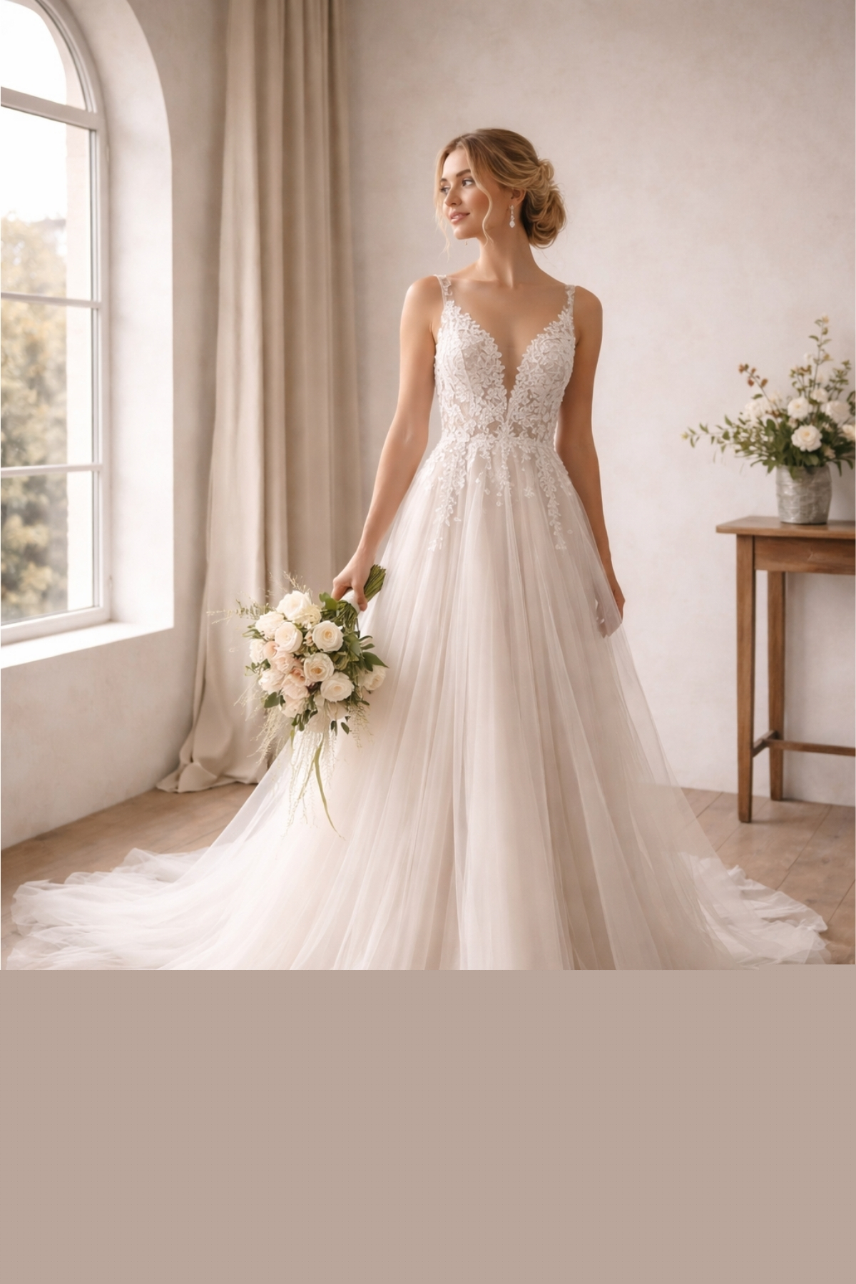 Elegant lace wedding dress with flowing tulle skirt and deep V neckline, perfect for a modern bride seeking timeless romance