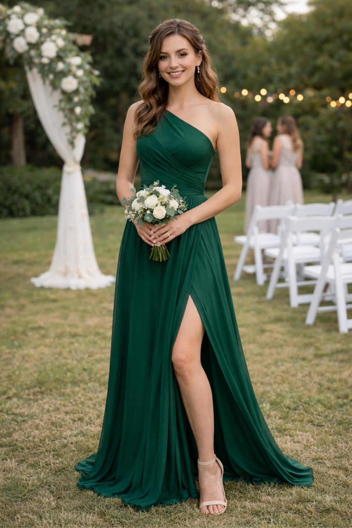 Bridesmaid wearing an emerald green one shoulder chiffon dress with a thigh high slit at a garden wedding