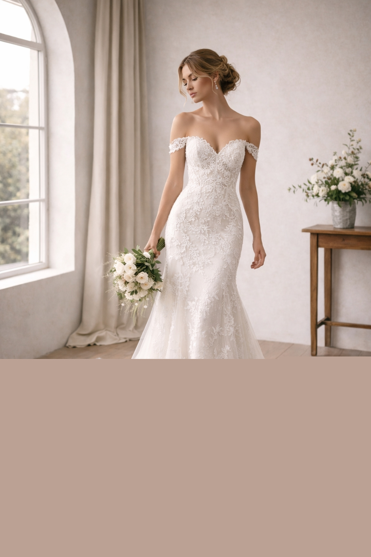 Off-the-shoulder lace wedding dress with fitted silhouette, floral lace details, and soft flowing train, ideal for a romantic modern bride