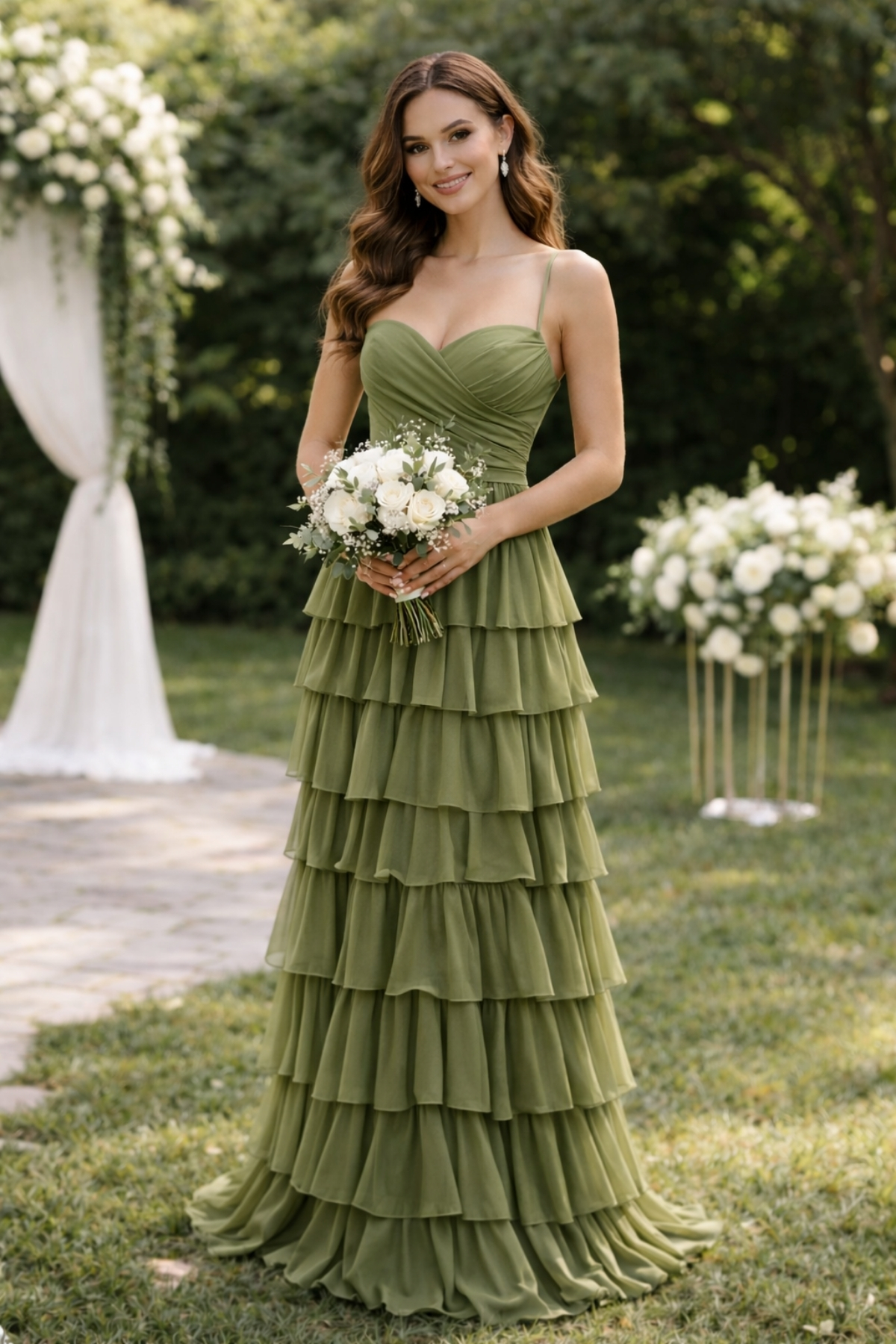 Bridesmaid wearing an olive green tiered chiffon gown at a romantic outdoor wedding ceremony