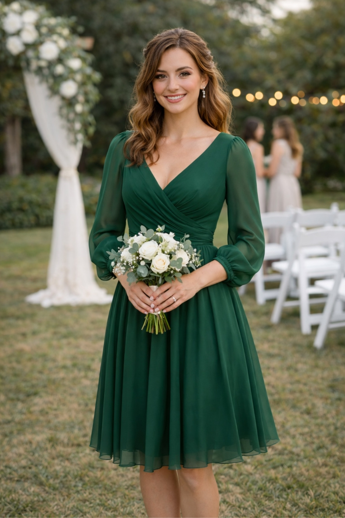 Bridesmaid wearing a dark green chiffon dress with long sleeves at an elegant outdoor wedding