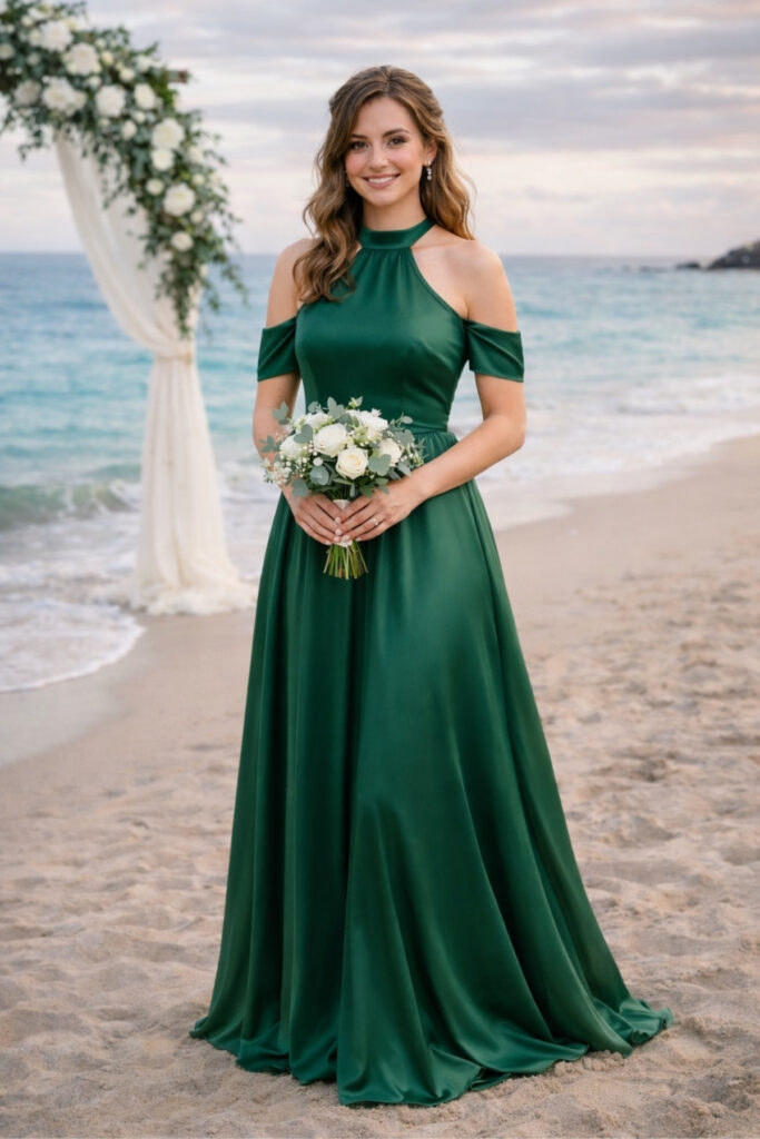 Bridesmaid wearing an emerald green flowing dress holding a bouquet at a beach wedding ceremony