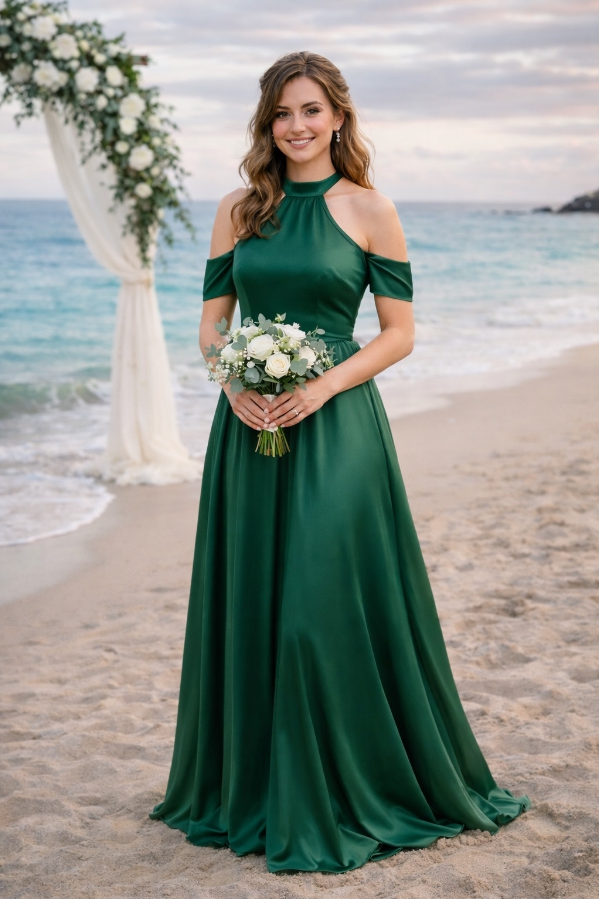 Bridesmaid wearing an emerald green flowing dress holding a bouquet at a beach wedding ceremony