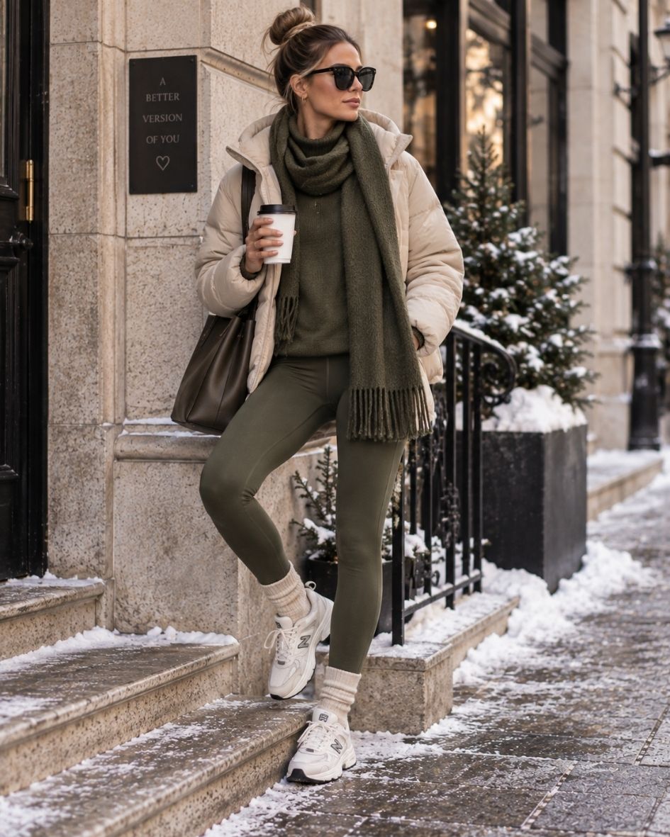 Sporty olive green winter outfit with leggings, oversized cream puffer jacket, scarf and white sneakers for women over 30.