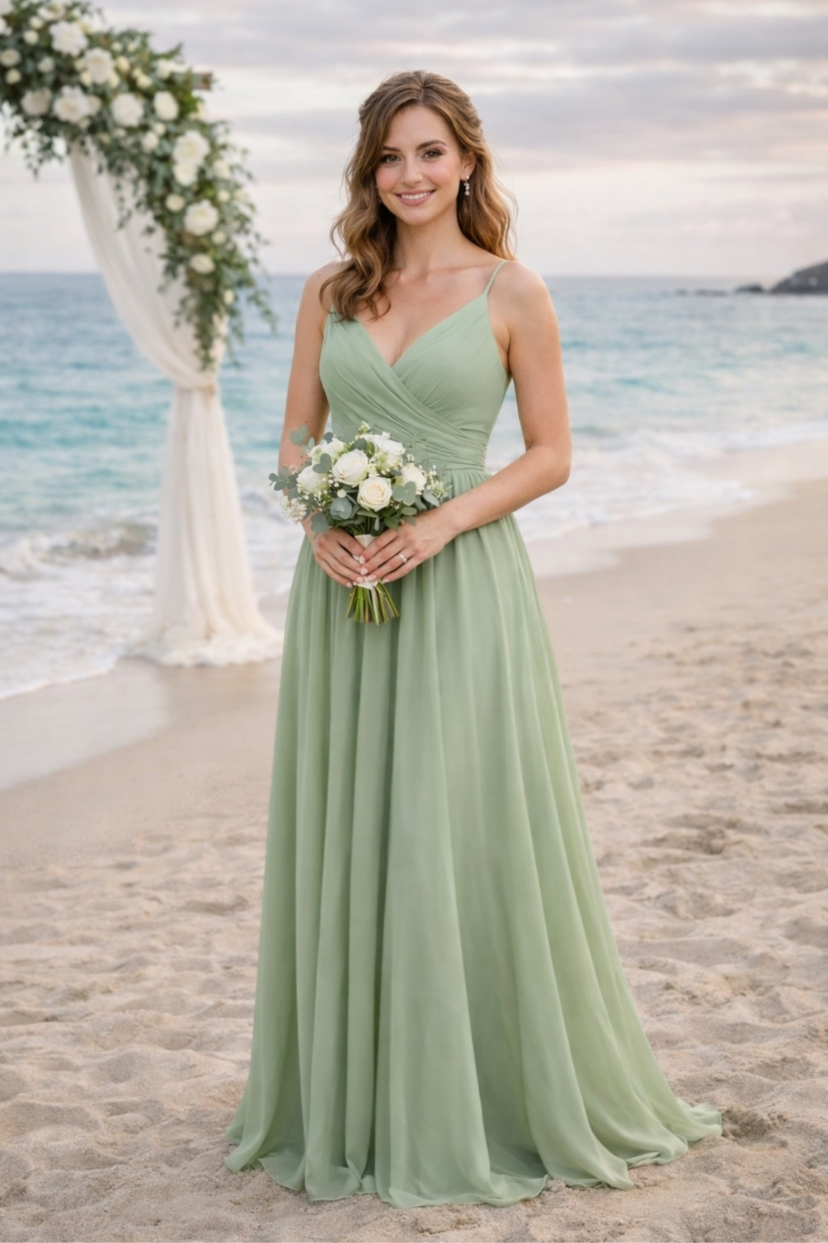 Bridesmaid in a sage green chiffon dress standing on a beach wedding ceremony with ocean background