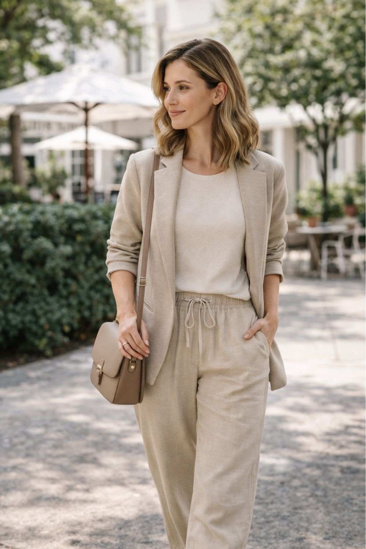 Woman wearing a neutral beige outfit with a blazer and relaxed trousers, showing an effortless put-together everyday style
