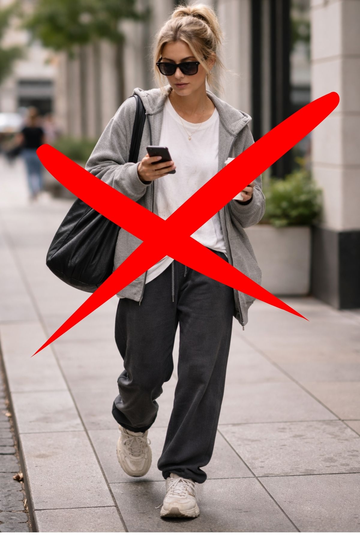 Example of sloppy casual outfit with oversized hoodie, sweatpants, and sneakers showing what casual style is not