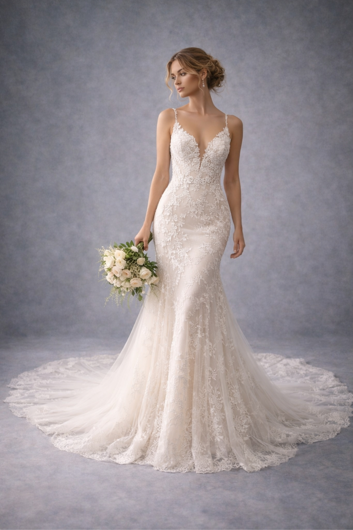 Fitted lace wedding dress with delicate straps, floral lace details, and a soft flowing train, designed for a modern and elegant bride