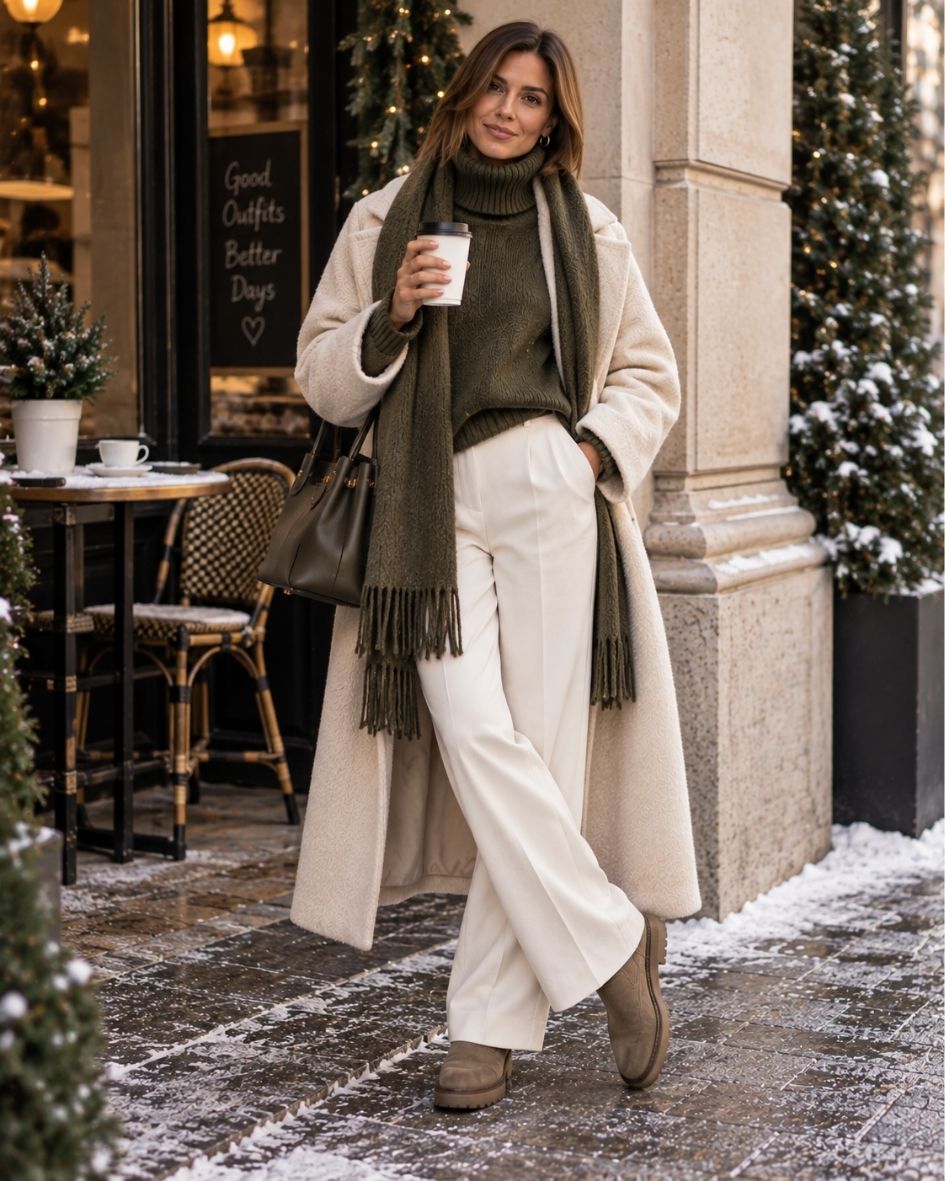 Elegant olive green and cream winter outfit with wide-leg trousers, long cream coat and olive scarf for women over 30.