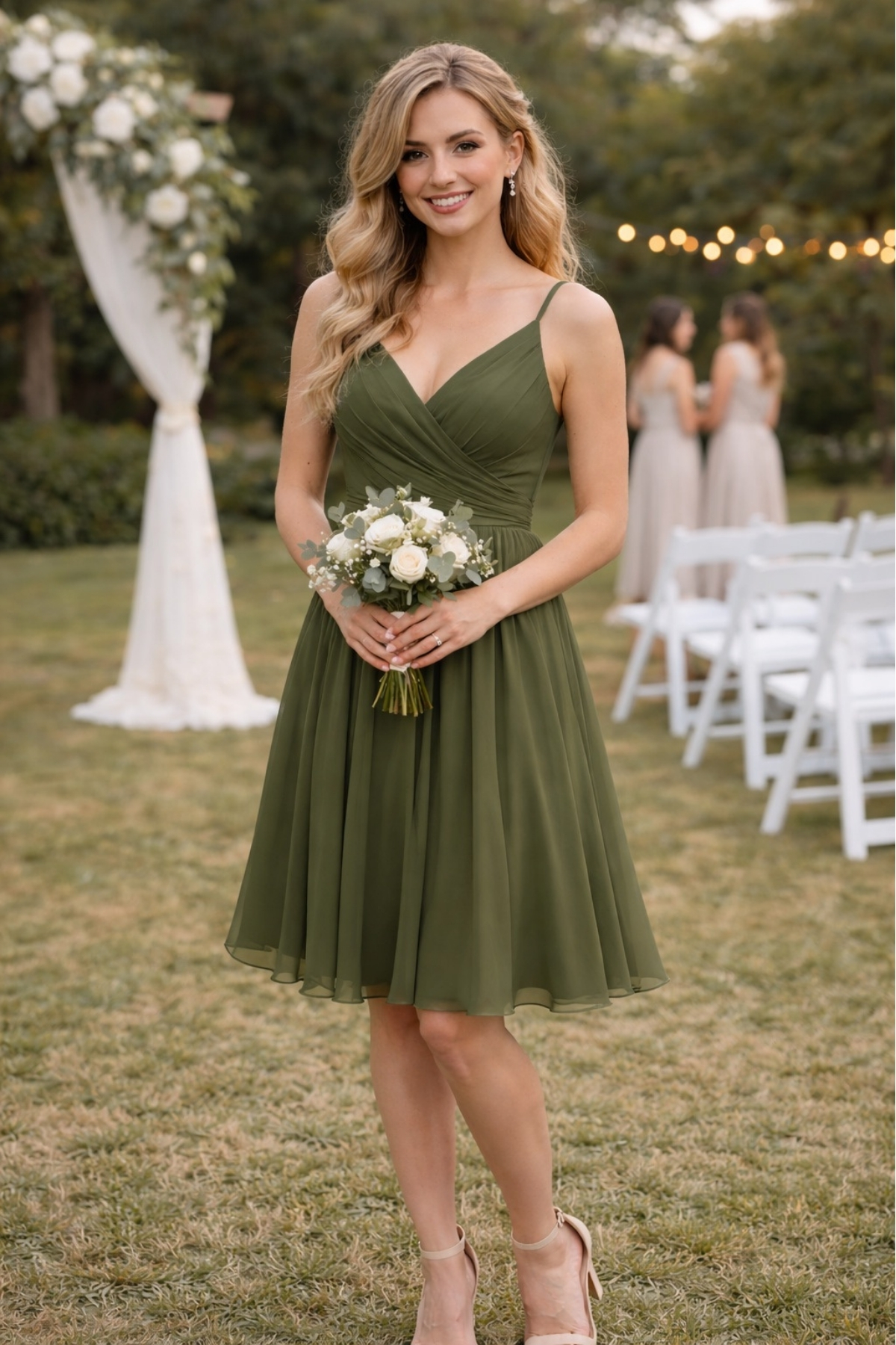 Bridesmaid wearing a short olive green chiffon dress at an elegant outdoor garden wedding