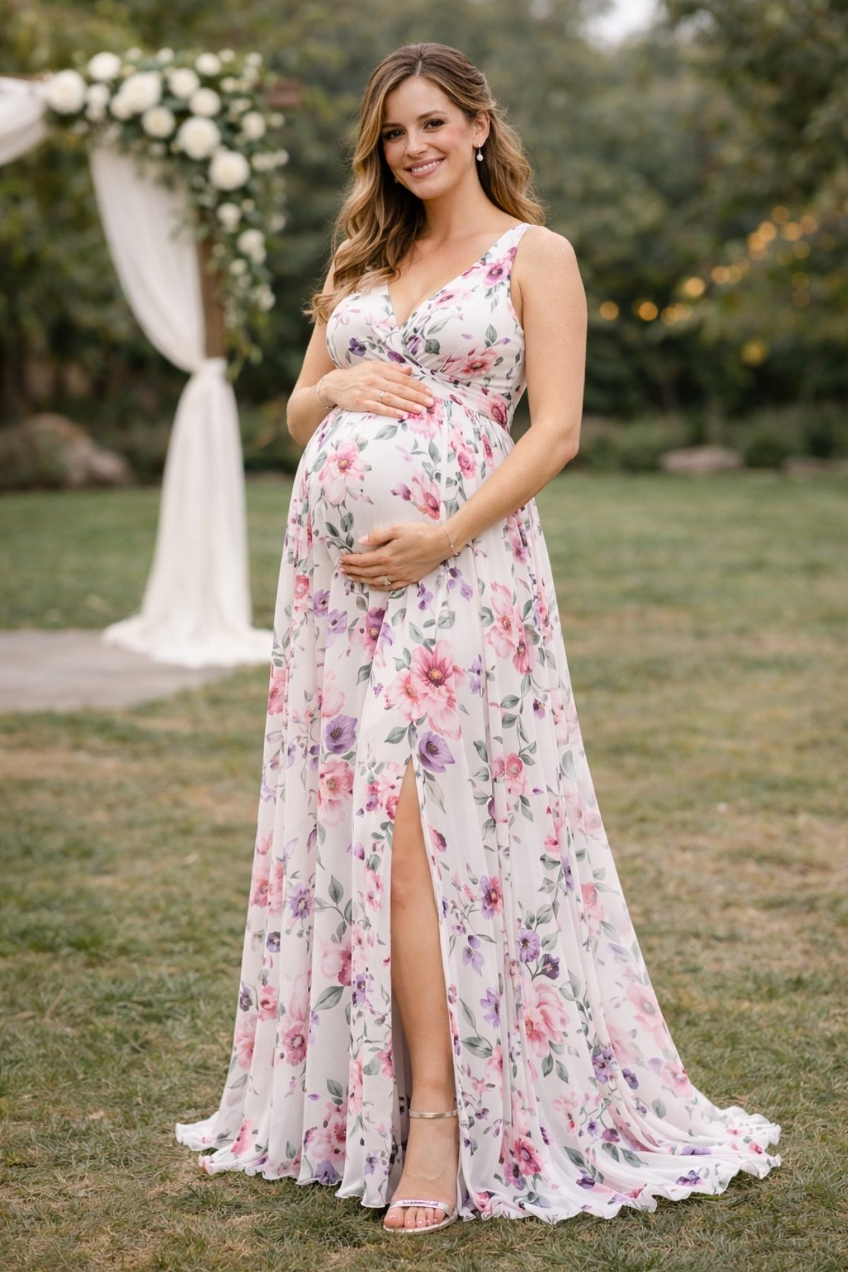 Romantic floral maternity bridesmaid dress with a V-neckline and flowing skirt for a garden wedding.