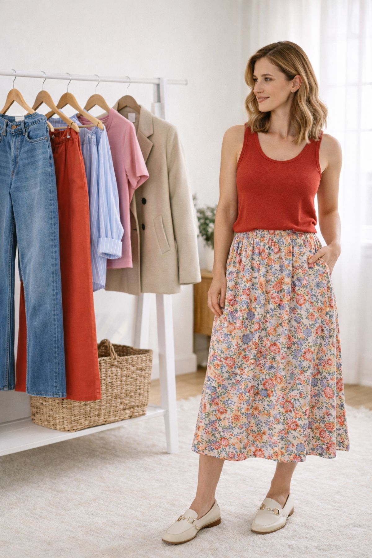 Woman wearing a red tank top and floral midi skirt, showing a comfortable yet put-together everyday outfit