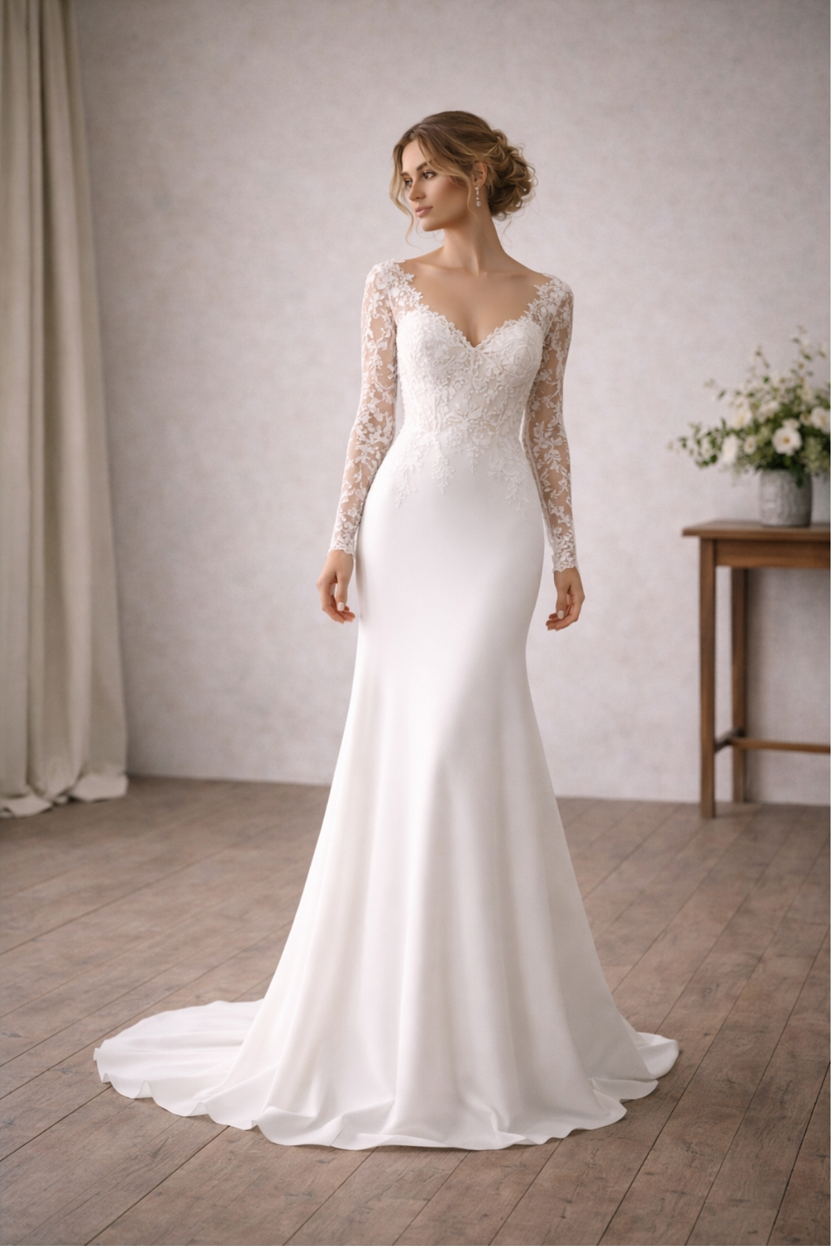Minimalist wedding dress with long lace sleeves, fitted silhouette, and clean flowing skirt, perfect for an elegant modern bride