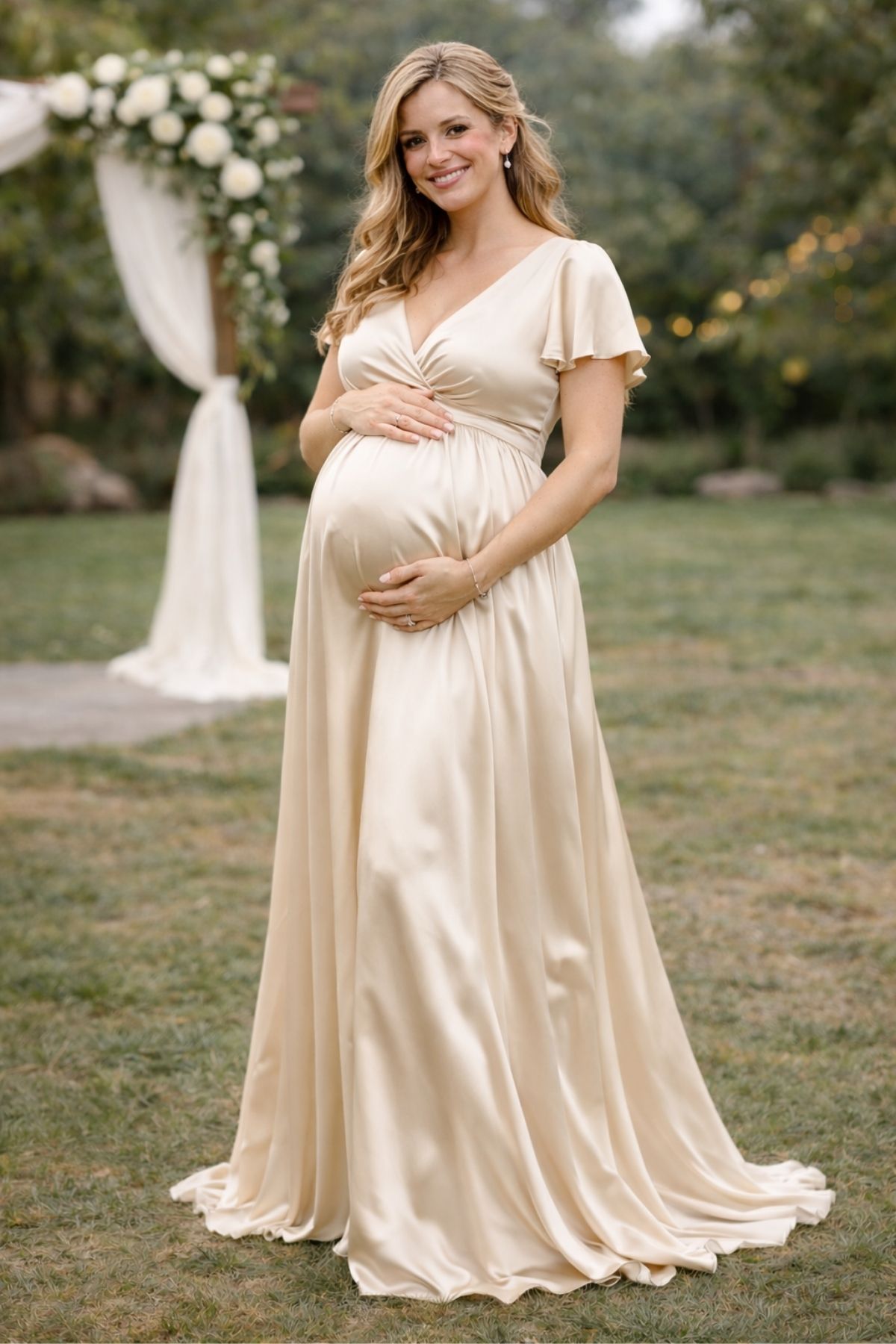 Pregnant bridesmaid wearing a champagne satin dress with a soft wrap-style bodice at an elegant outdoor wedding.