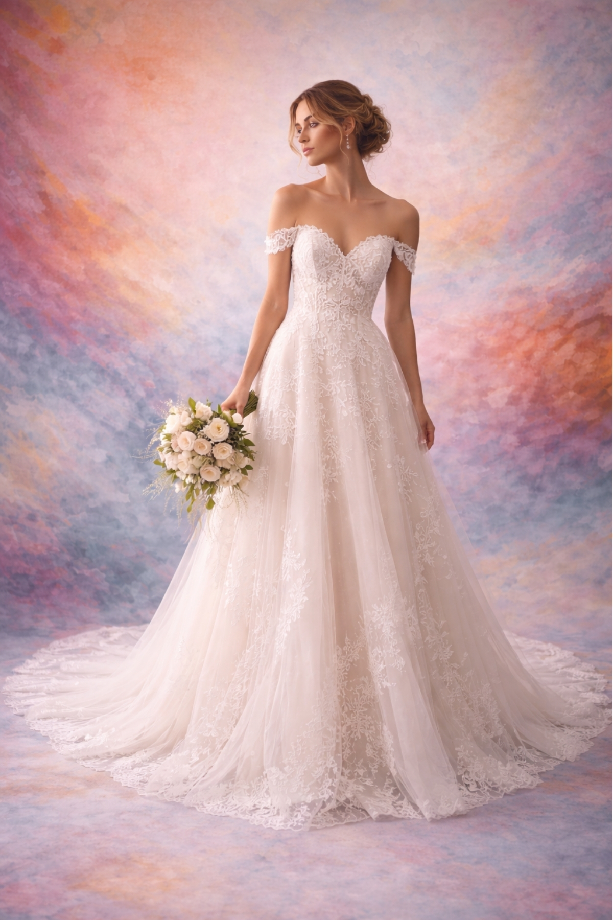 Off-the-shoulder lace wedding dress with flowing tulle skirt and romantic silhouette, perfect for a modern bride seeking timeless elegance