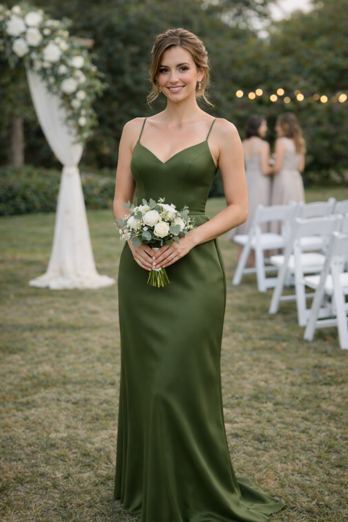 Bridesmaid wearing a long olive green satin dress holding a bouquet at a formal outdoor wedding