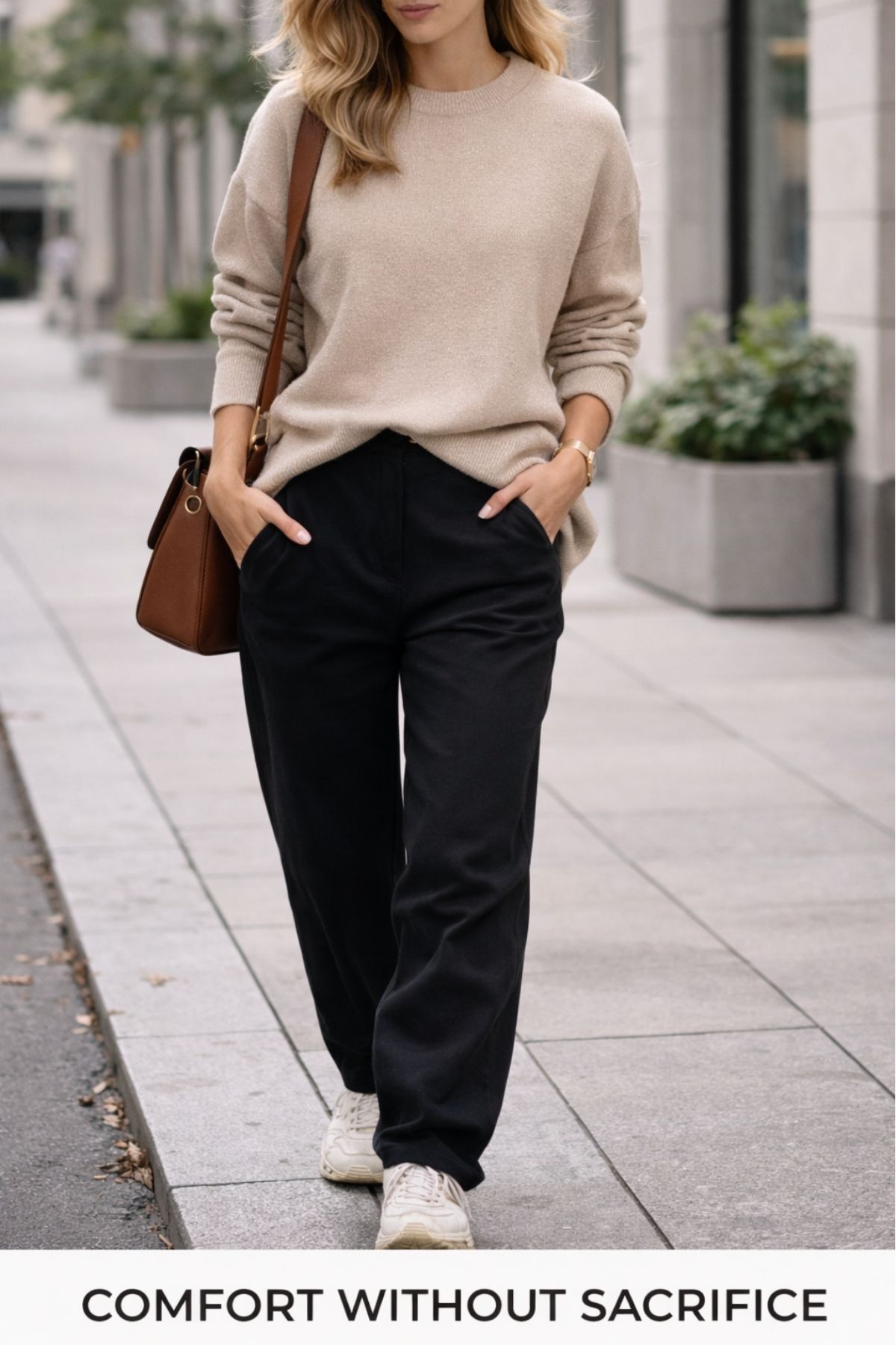 Comfortable casual outfit with soft knit sweater, relaxed black trousers, and sneakers showing comfort without sacrificing style