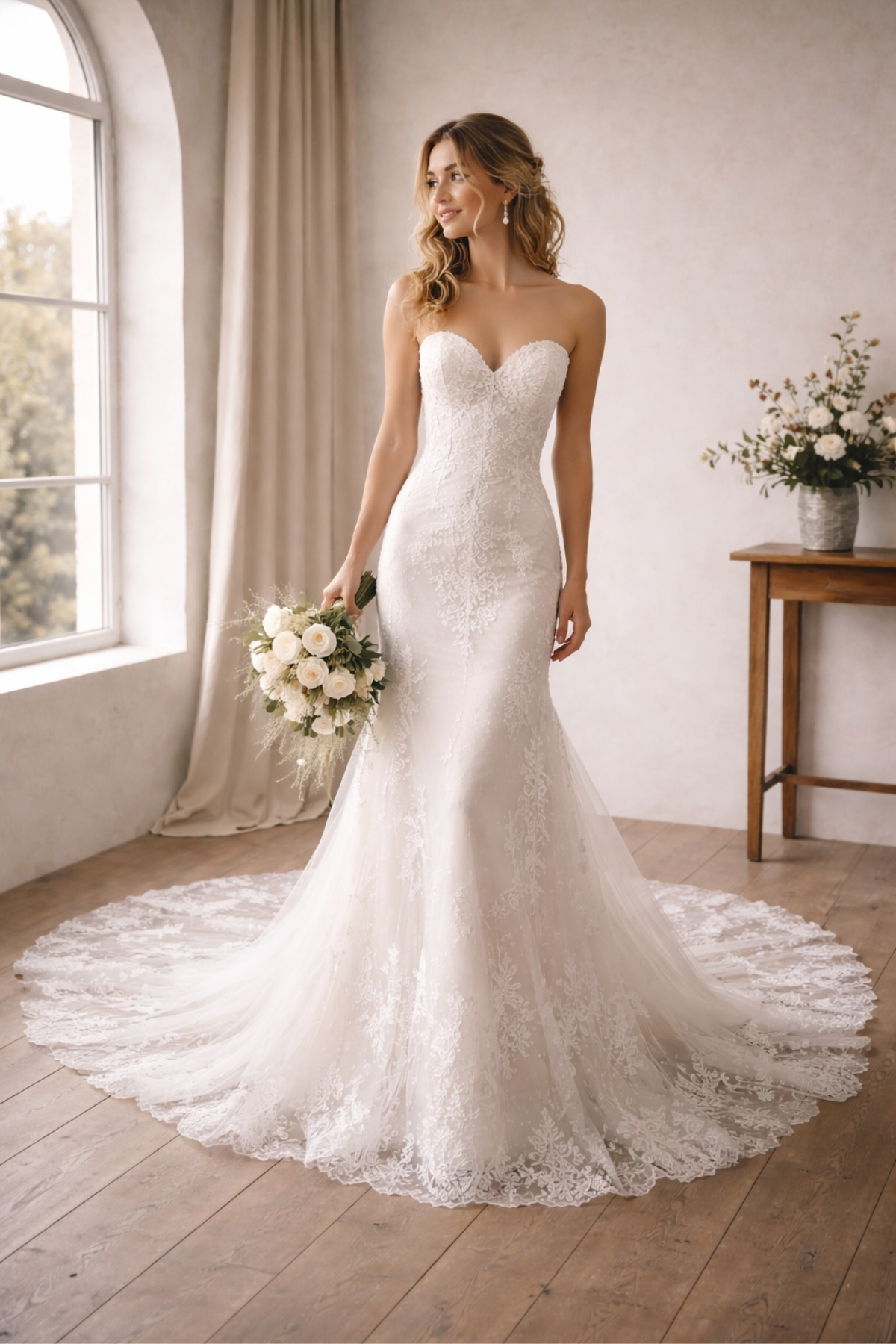 Strapless lace wedding dress with fitted silhouette and soft flowing train, ideal for a modern bride seeking romantic elegance