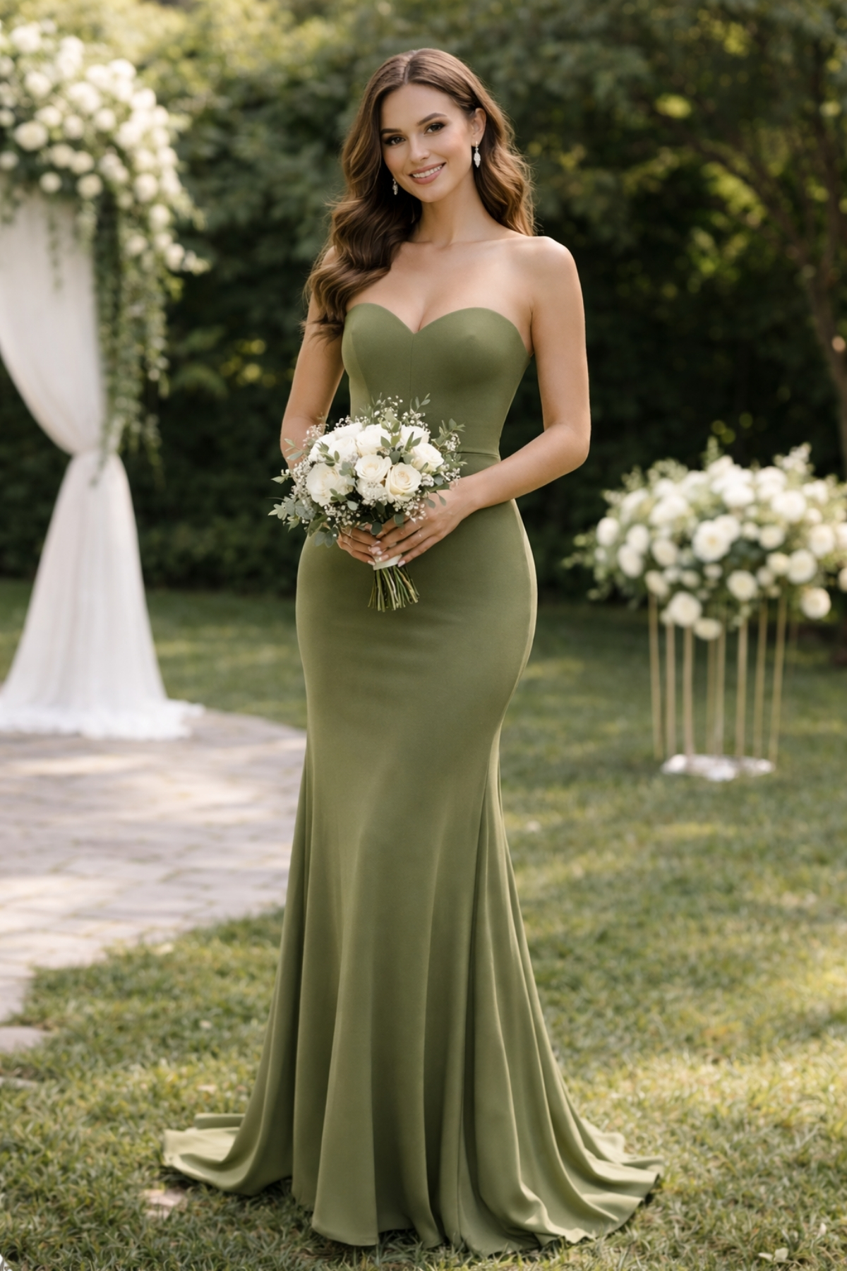 Bridesmaid wearing an olive green strapless gown with a fitted silhouette at an elegant outdoor wedding ceremony