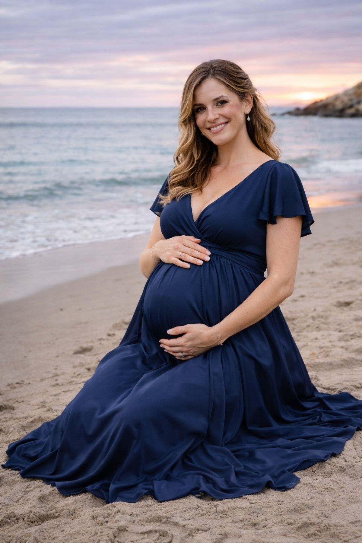 Elegant navy blue maternity bridesmaid dress with flutter sleeves photographed on a sandy beach
