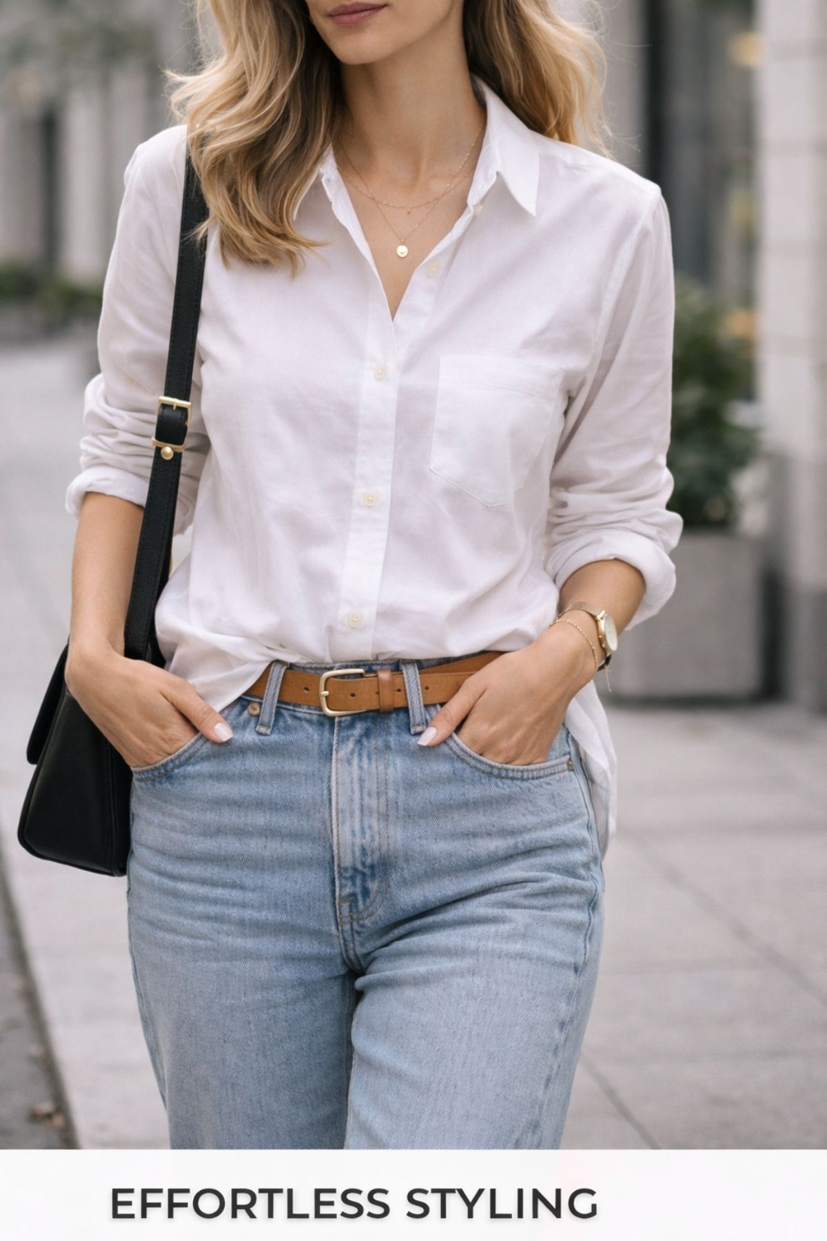 Effortless casual styling with white button-up shirt, classic blue jeans, and minimal accessories