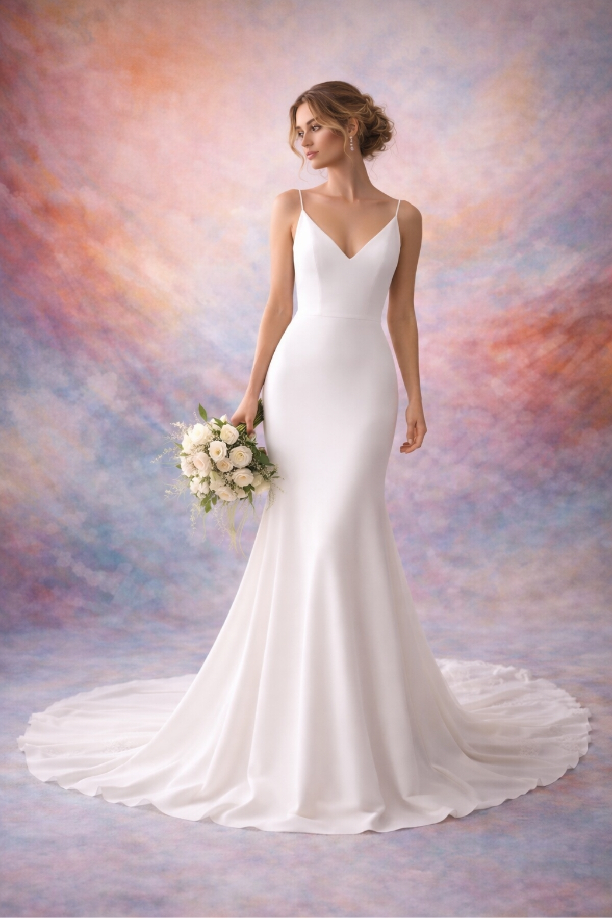 Minimalist wedding dress with thin spaghetti straps, clean silhouette, and soft flowing skirt, ideal for a modern and elegant bride