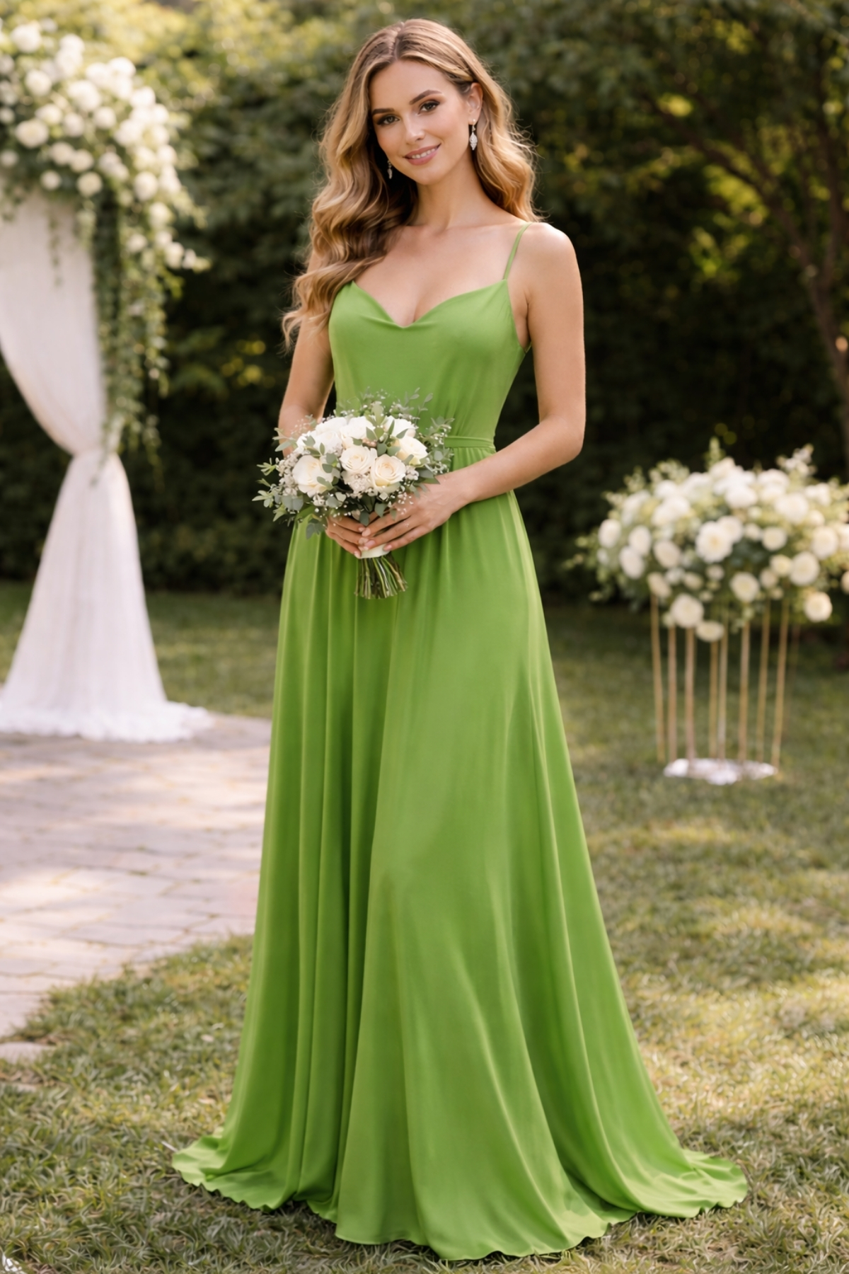Bridesmaid wearing a flowing green bridesmaid dress with thin straps at a garden wedding ceremony