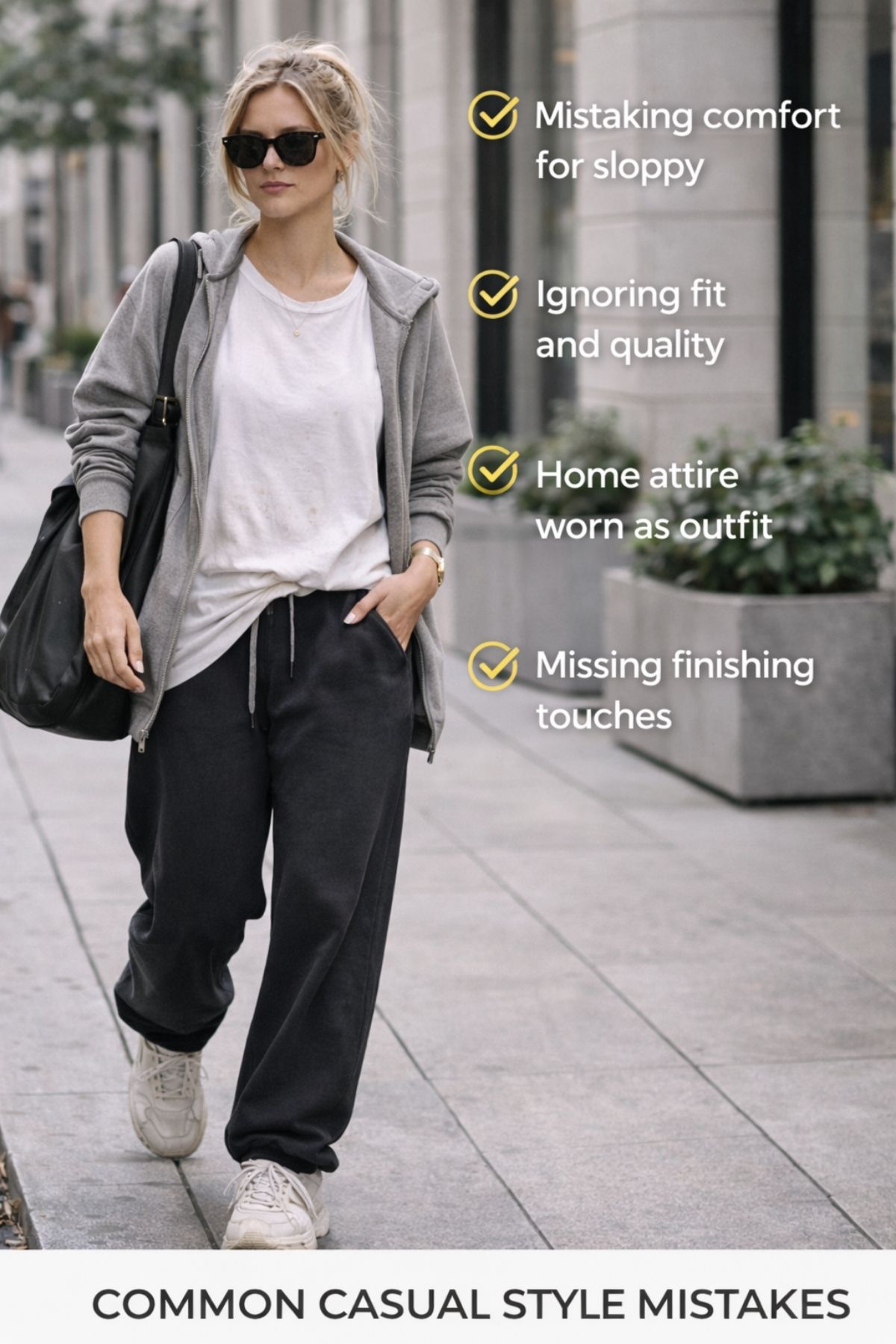 Common casual style mistakes shown through a sloppy outfit, including mistaking comfort for sloppy and missing finishing touches