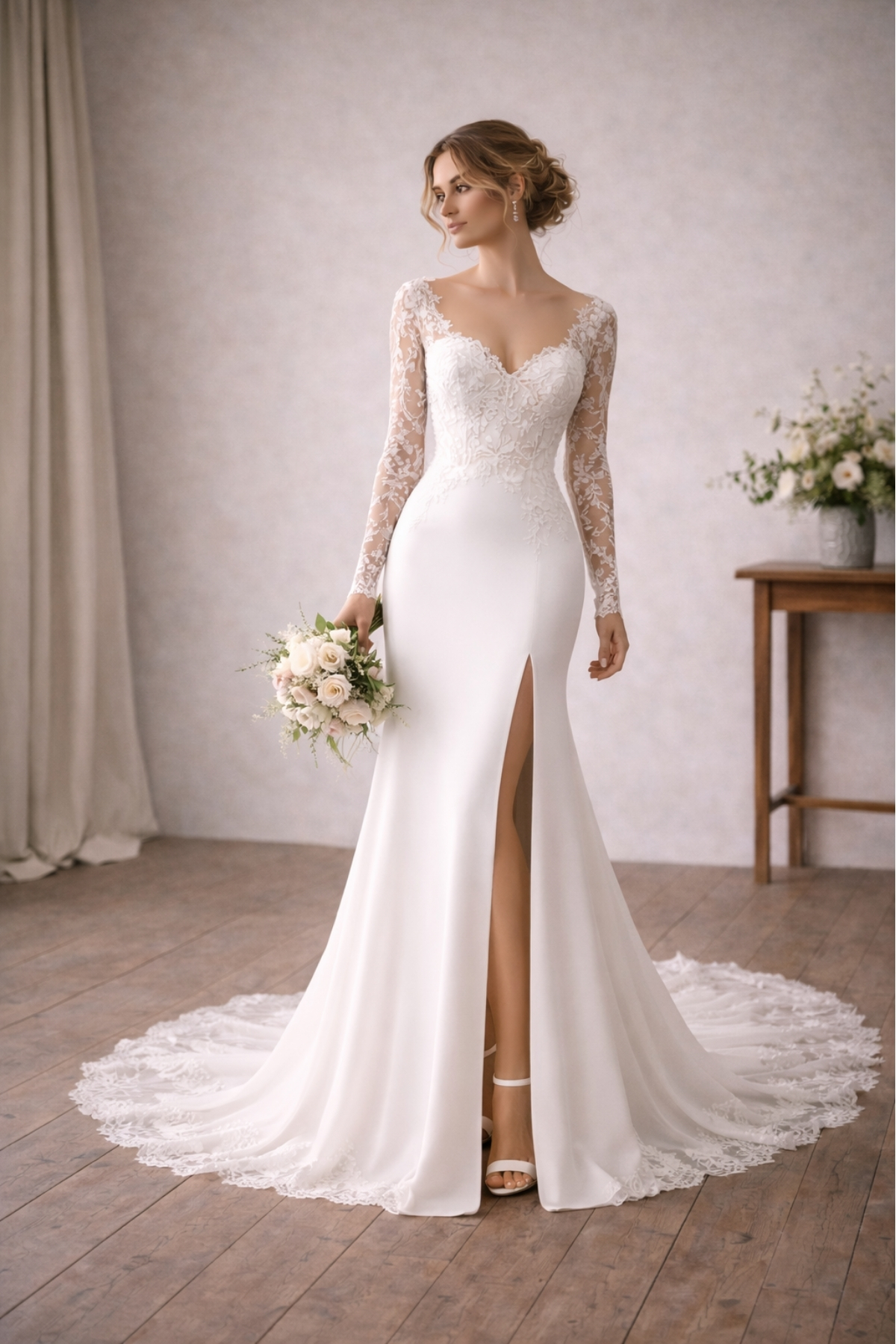 Elegant lace wedding dress with long sleeves, fitted silhouette, and thigh-high slit, designed for a confident modern bride