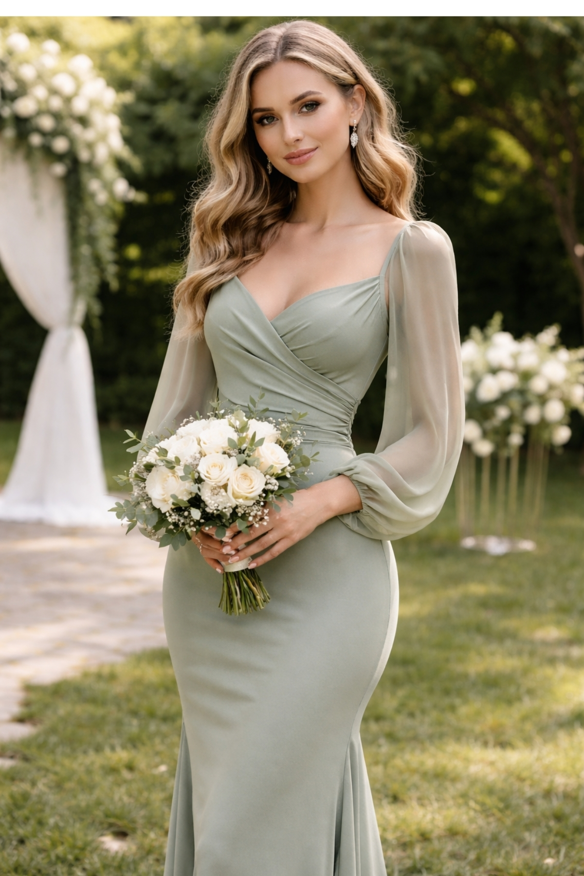 Bridesmaid wearing a sage green dress with sheer long sleeves at a romantic outdoor wedding