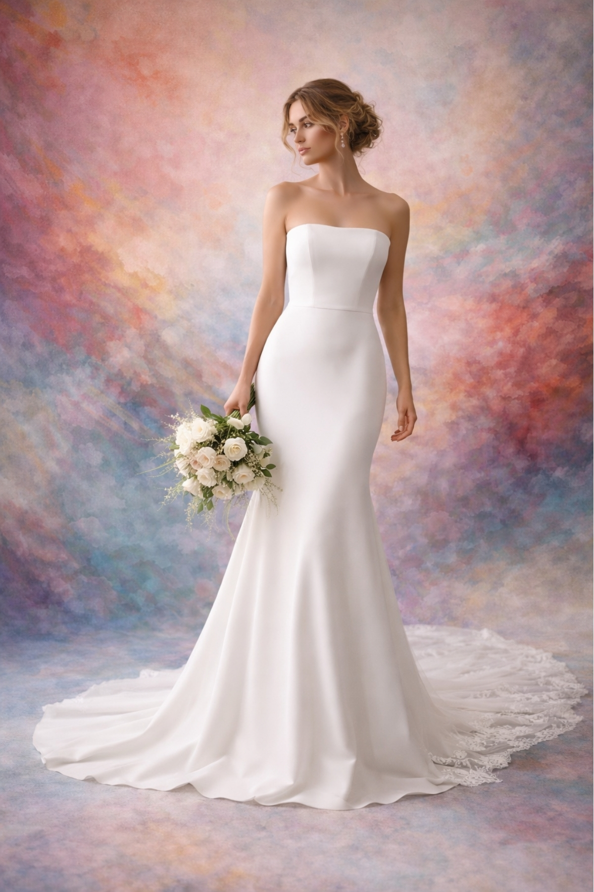 Strapless minimalist wedding dress with clean lines, smooth fabric, and soft flowing train, ideal for a modern bride who loves timeless simplicity