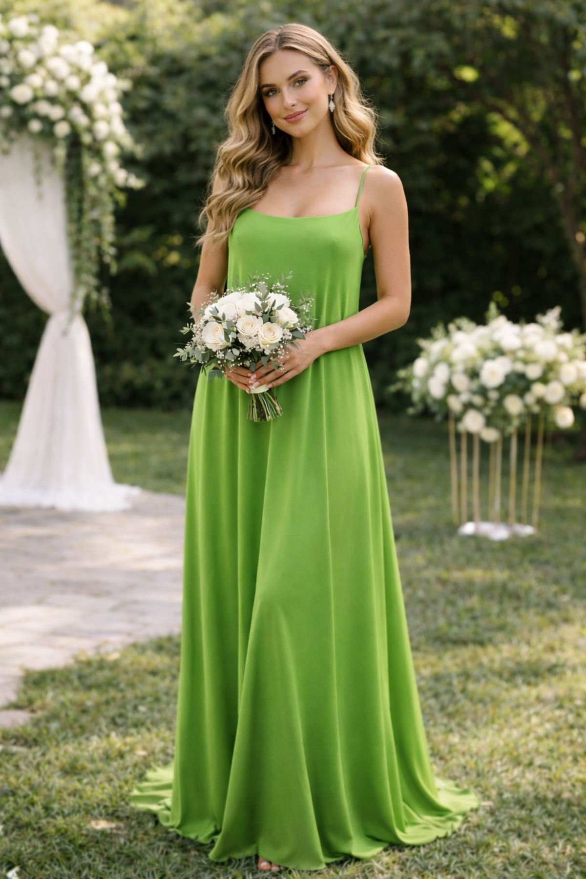 Bridesmaid wearing a minimalist green slip dress with delicate straps at an outdoor wedding ceremony