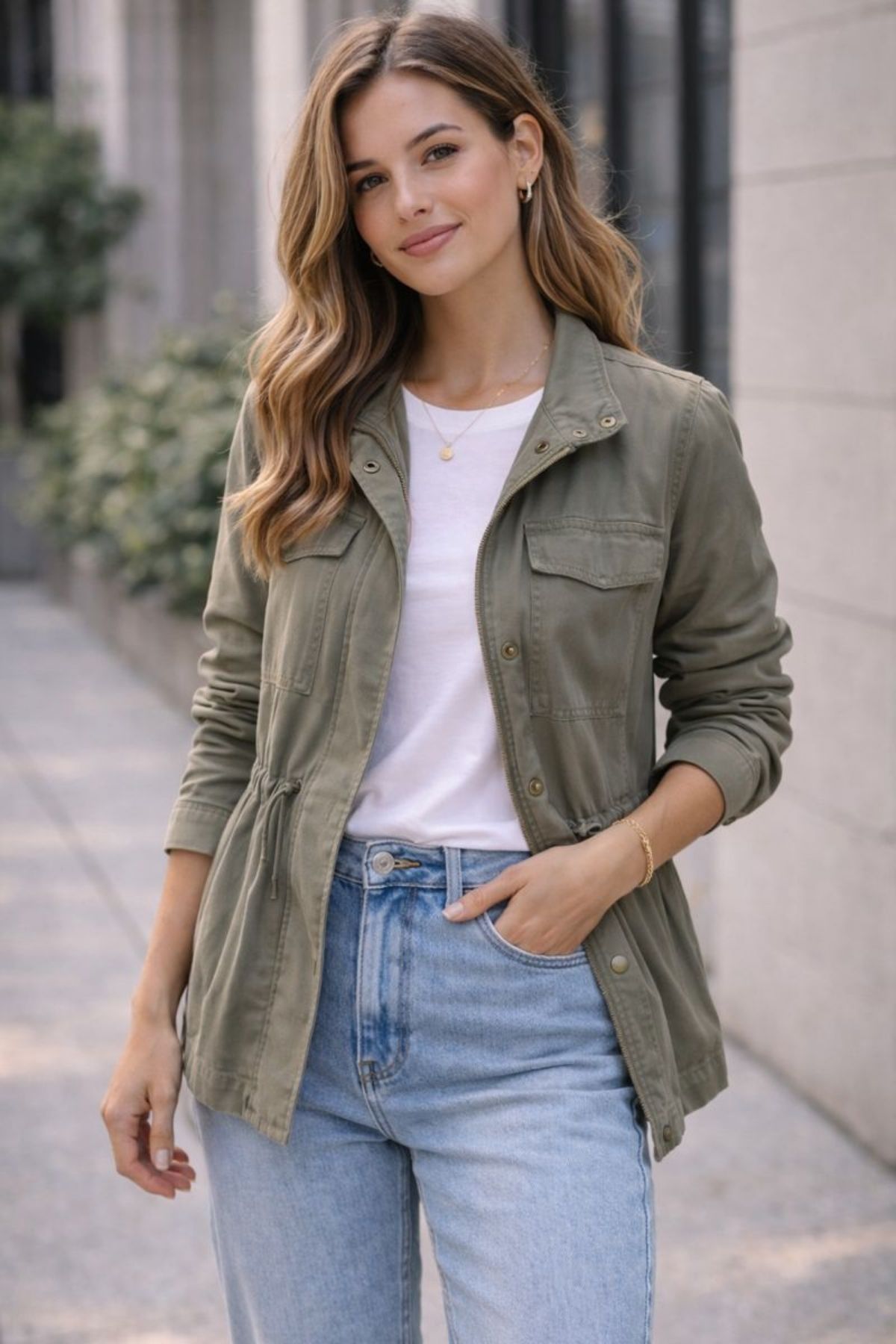A woman wearing a light utility jacket layered over a white T-shirt and jeans, creating an effortless casual outfit suitable for transitional seasons.