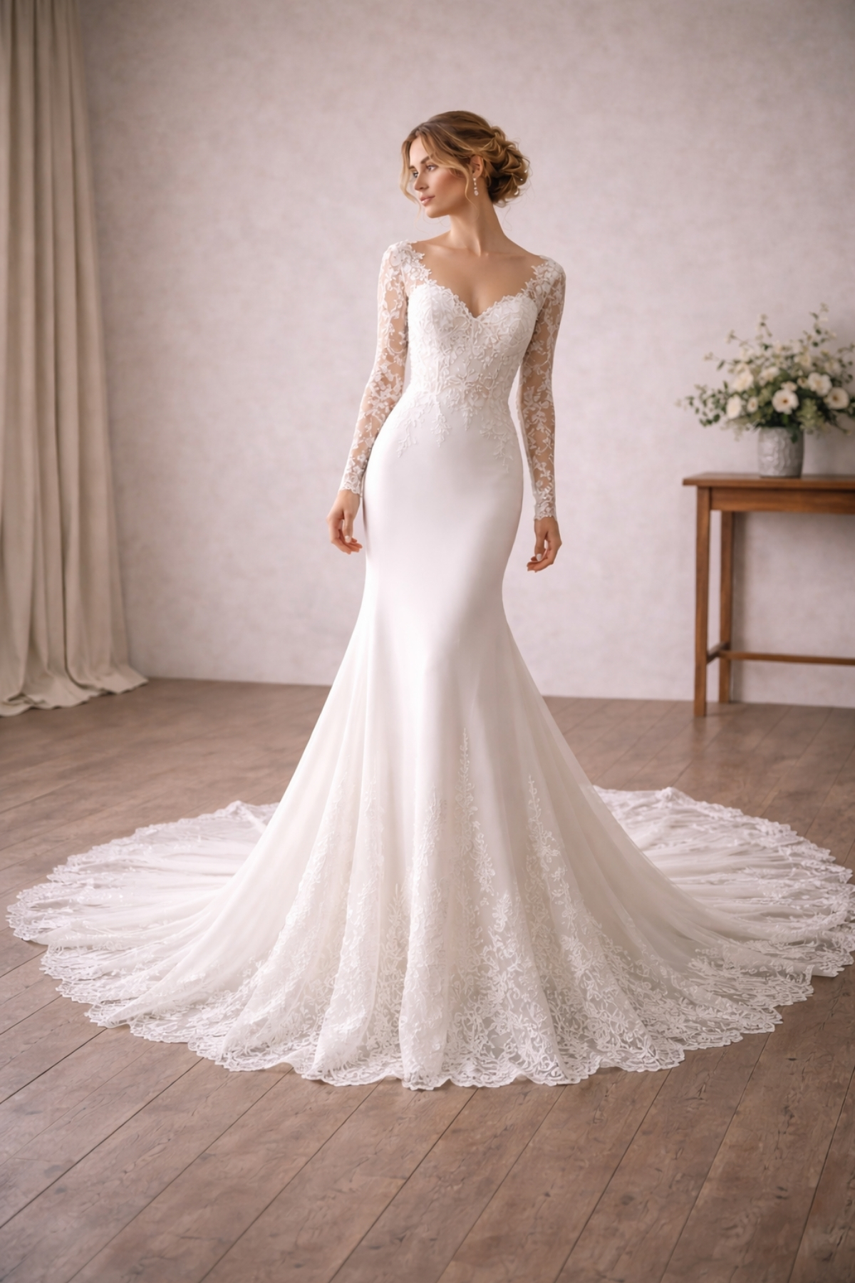 Elegant lace wedding dress with long sleeves, fitted silhouette, and flowing lace train, perfect for a modern bride seeking timeless elegance