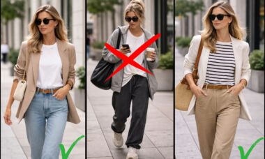 Casual vs sloppy style comparison showing two polished casual outfits and one sloppy outfit marked as incorrect