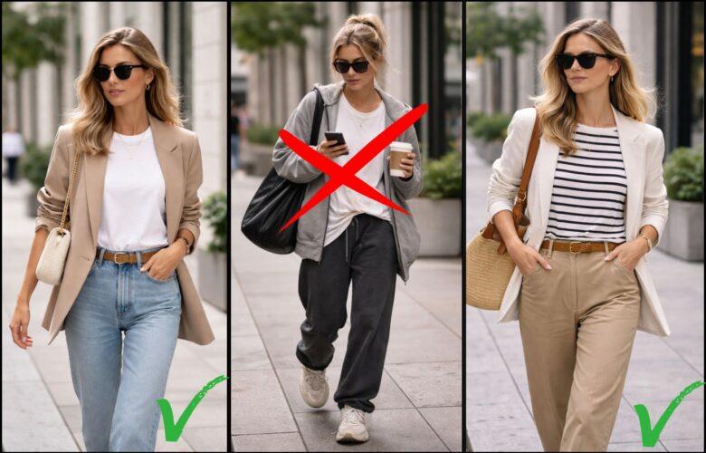 Casual vs sloppy style comparison showing two polished casual outfits and one sloppy outfit marked as incorrect