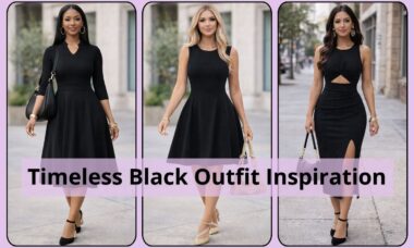 Three women wearing timeless black outfits, showcasing elegant black dresses styled for everyday and evening wear
