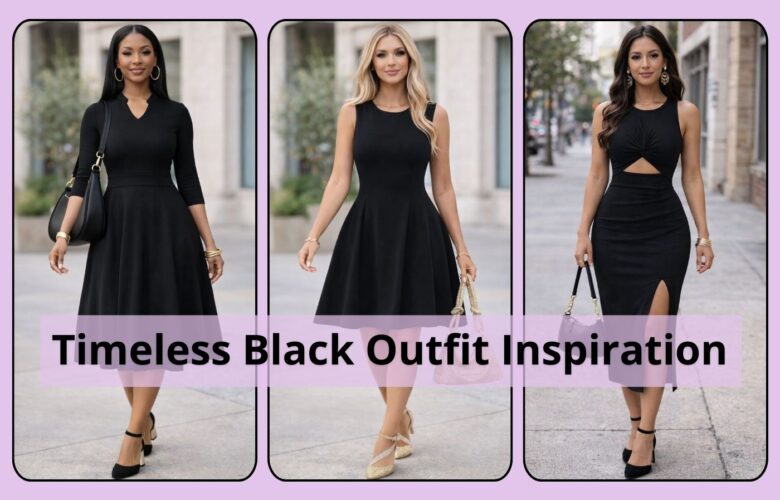 Three women wearing timeless black outfits, showcasing elegant black dresses styled for everyday and evening wear