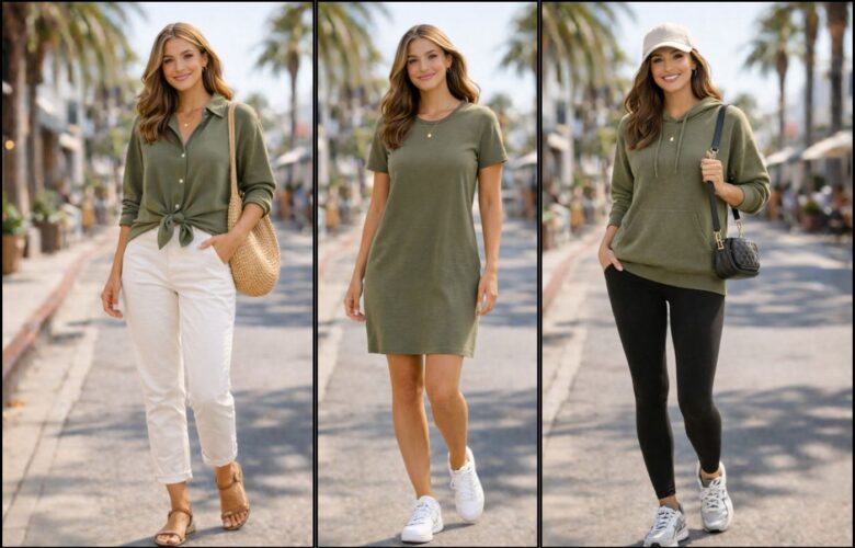 Three women wearing olive green casual outfits, including an olive shirt with white pants, a khaki dress with white sneakers, and a khaki hoodie with black leggings, styled for everyday wear.