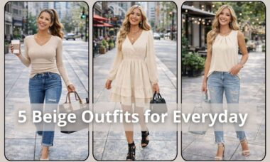 Five beige casual outfits for everyday wear featuring neutral tops, dresses and denim styled for modern city looks