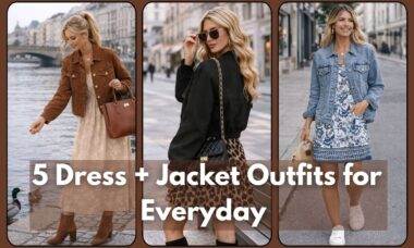 Five stylish spring dress and jacket outfits for everyday wear, combining feminine dresses with denim jackets, leather jackets, and casual footwear