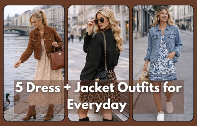 Five stylish spring dress and jacket outfits for everyday wear, combining feminine dresses with denim jackets, leather jackets, and casual footwear