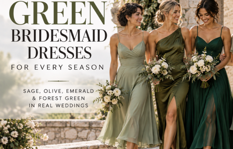 Green bridesmaid dresses in sage, olive and emerald shades for weddings in different seasons