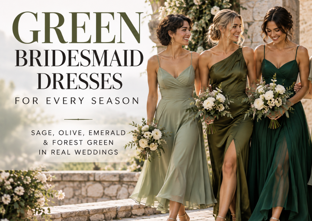 Green bridesmaid dresses in sage, olive and emerald shades for weddings in different seasons