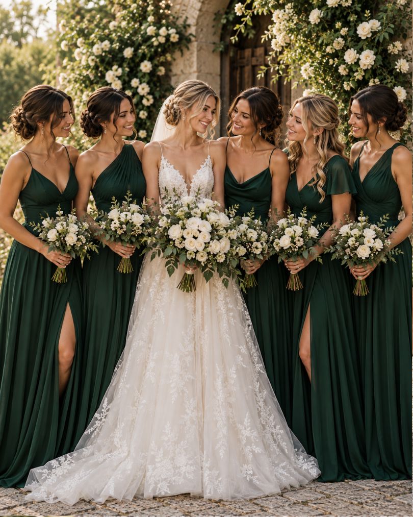 Bride standing with bridesmaids wearing floor-length forest green dresses and holding white flower bouquets at an outdoor wedding