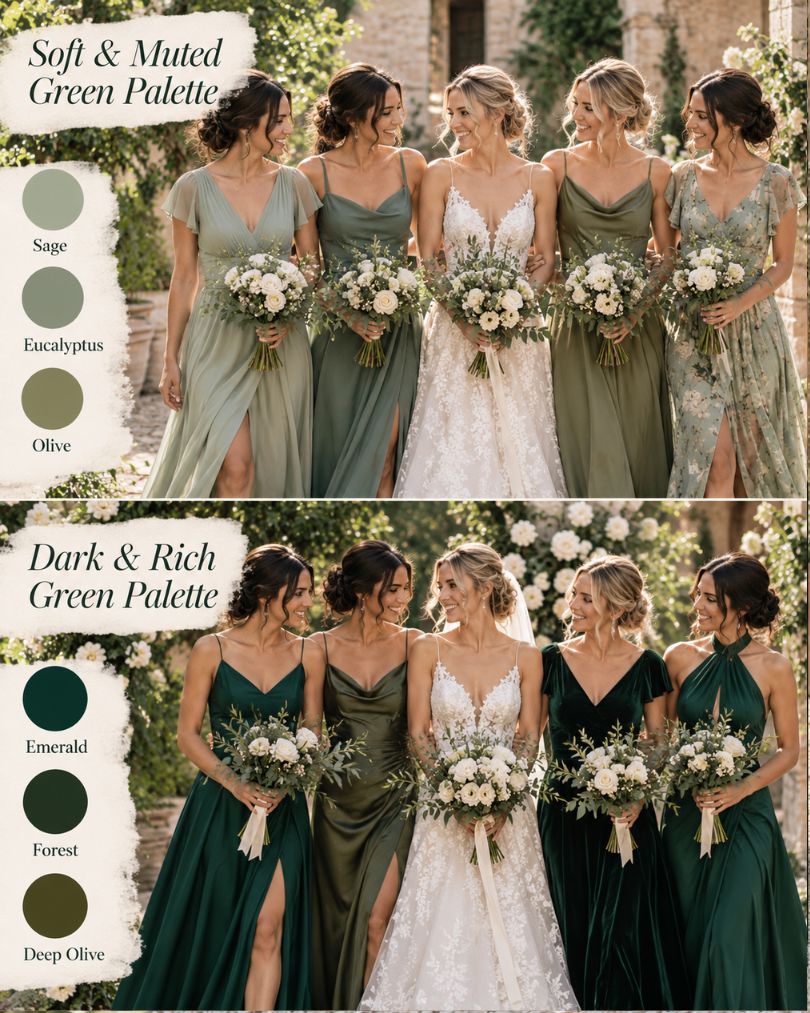 Mismatched green bridesmaid dresses in sage, eucalyptus, olive, emerald and forest green with a bride at an outdoor wedding