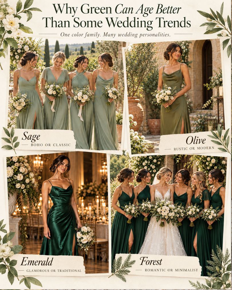 Green bridesmaid dress inspiration showing sage, olive, emerald and forest green styles for different wedding themes